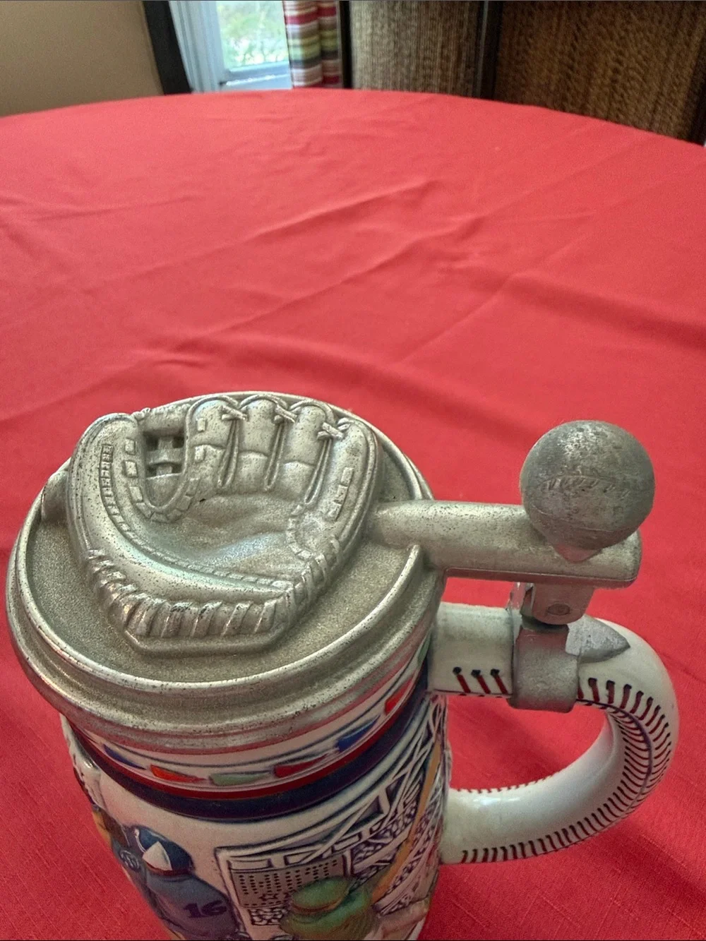 Avon Ceramic Baseball Stein with Red, Blue & White Accents